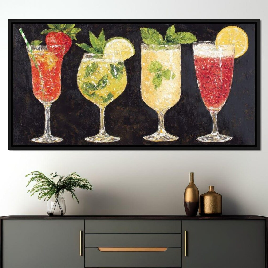 Four Colorful Summer Cocktails In Tall Glasses On Dark Canvas Poster - Image 2