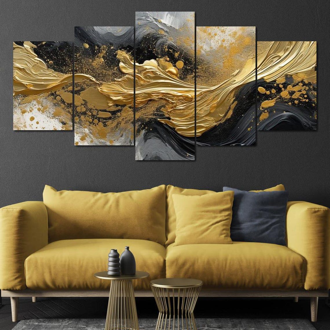 Black Gold Fluid Wave Splash Five Panel Modern Abstract Wall Art