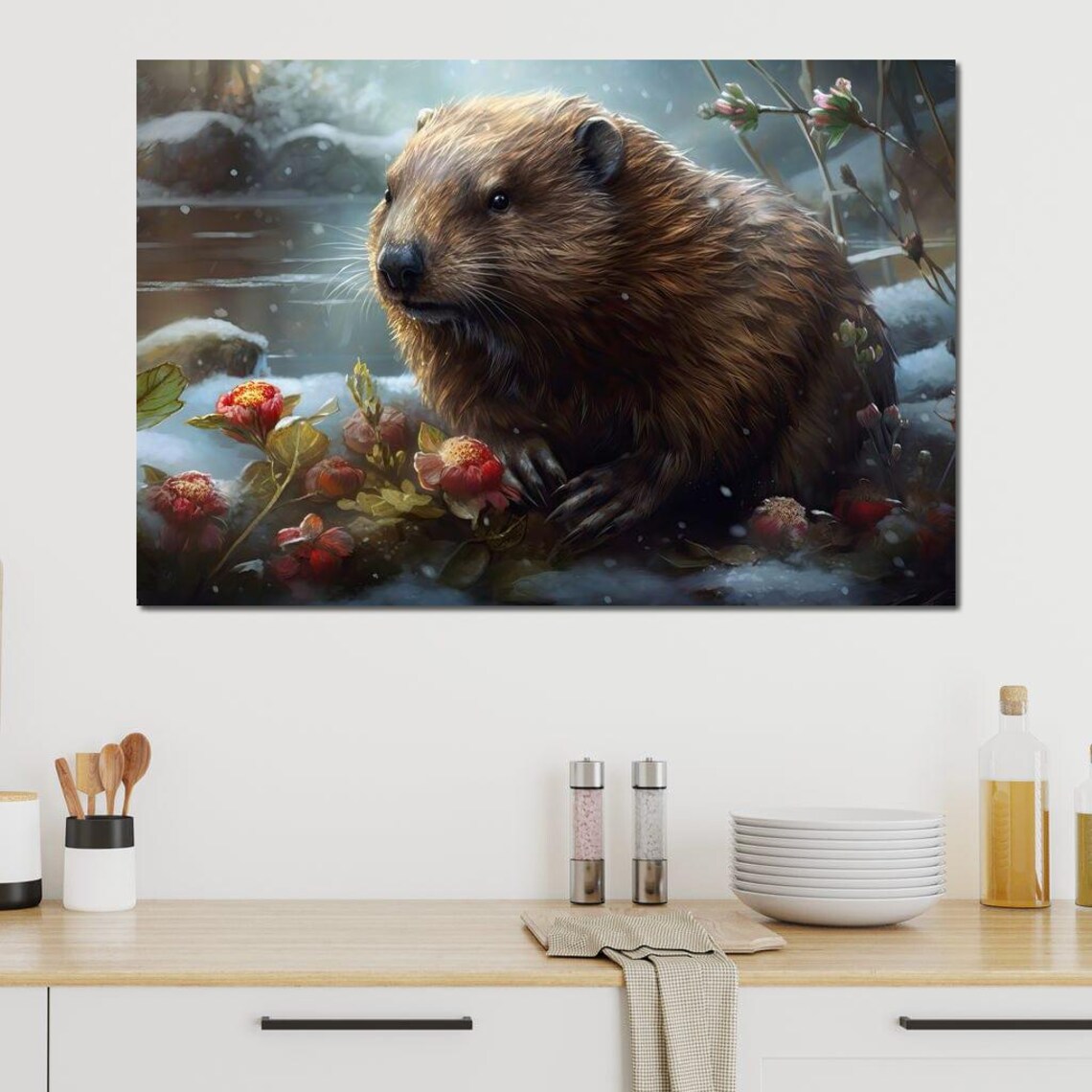 Cute Beaver Winter Snow Stream Red Berries Wildlife Animal Art Print - Image 4