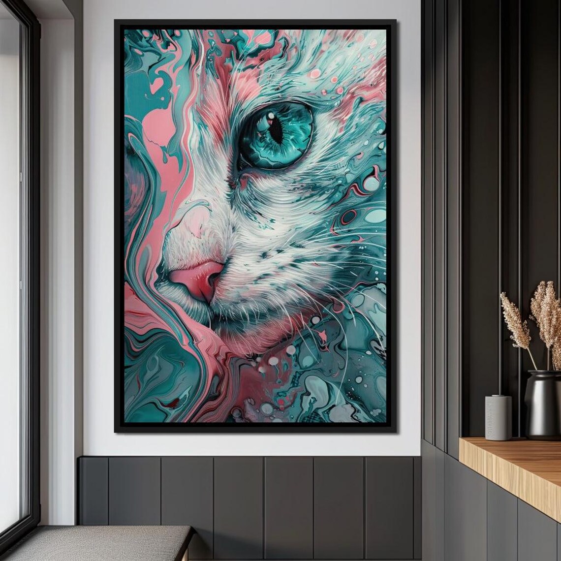 Abstract Cat Face Pink Teal Fluid Art Modern Feline Portrait Wall Art - Image 3