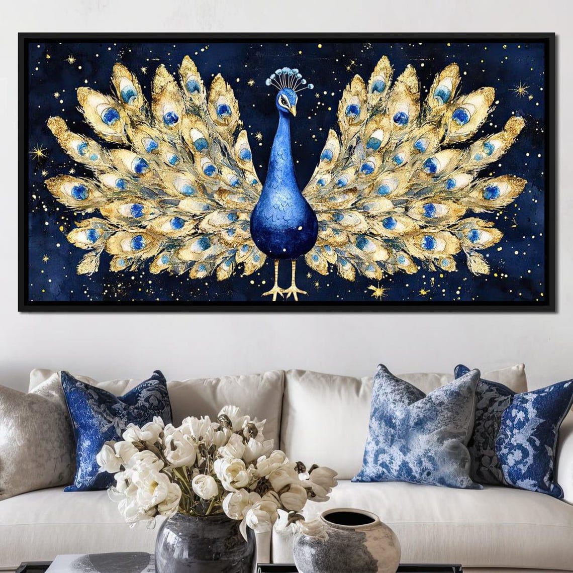 Blue Peacock With Golden Tail Feathers Under A Starry Sky Poster