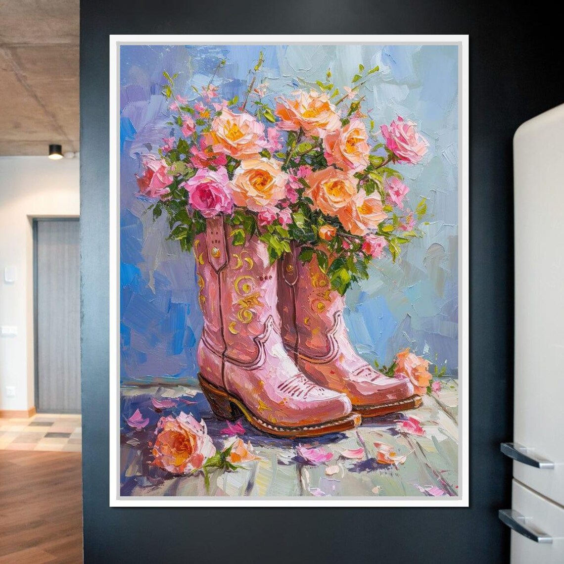 Pink Cowboy Boots Roses Impasto Floral Western Chic Wall Poster - Image 3
