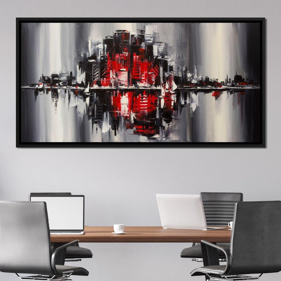 Red Black Grey Abstract City Skyline Water Reflection Modern Wall Art