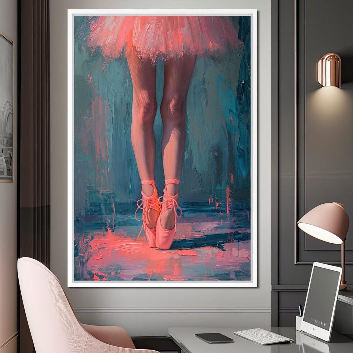 Ballerina Pointe Shoes Pink Tutu Teal Canvas Dance Art Wall Poster - Image 3