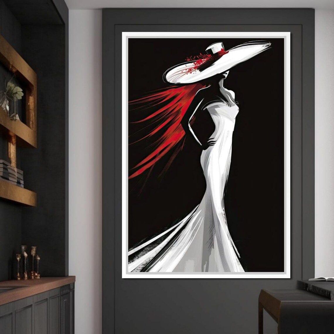 Fashion Woman White Gown Wide Hat Black Background Elegant Poster - Image 2