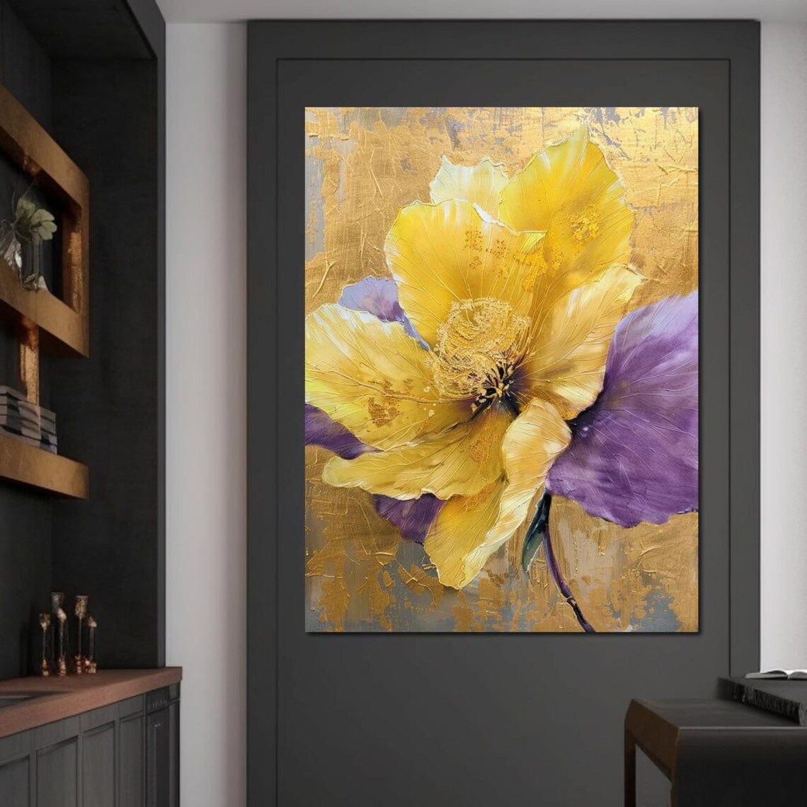 Yellow Gold Flower Purple Petals Abstract Gold Leaf Wall Art Poster - Image 2