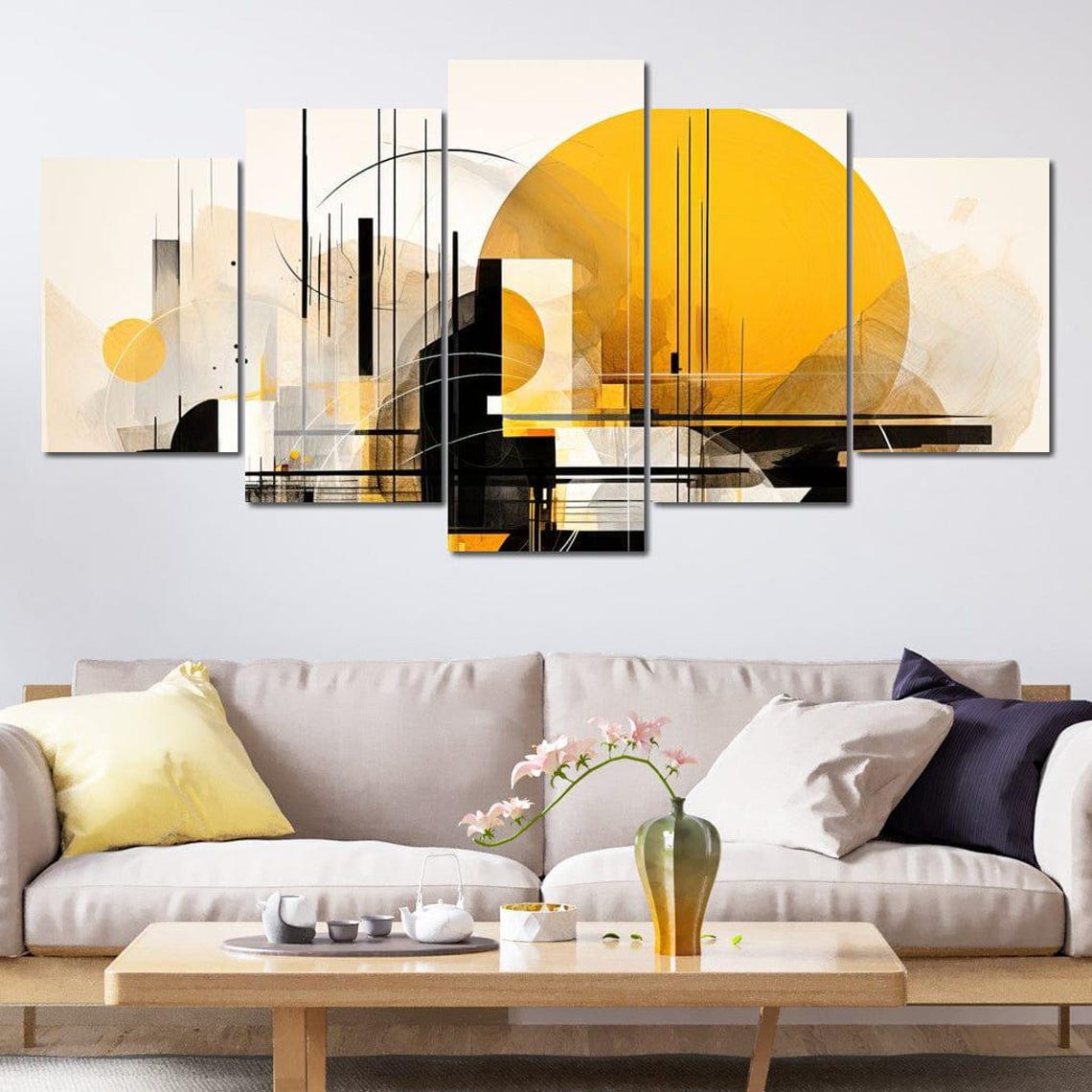 Urban Shadows In Abstract Forms Geometric Wall Art Modern Minimalist Decor Yellow And Black Print By Nichecanvas