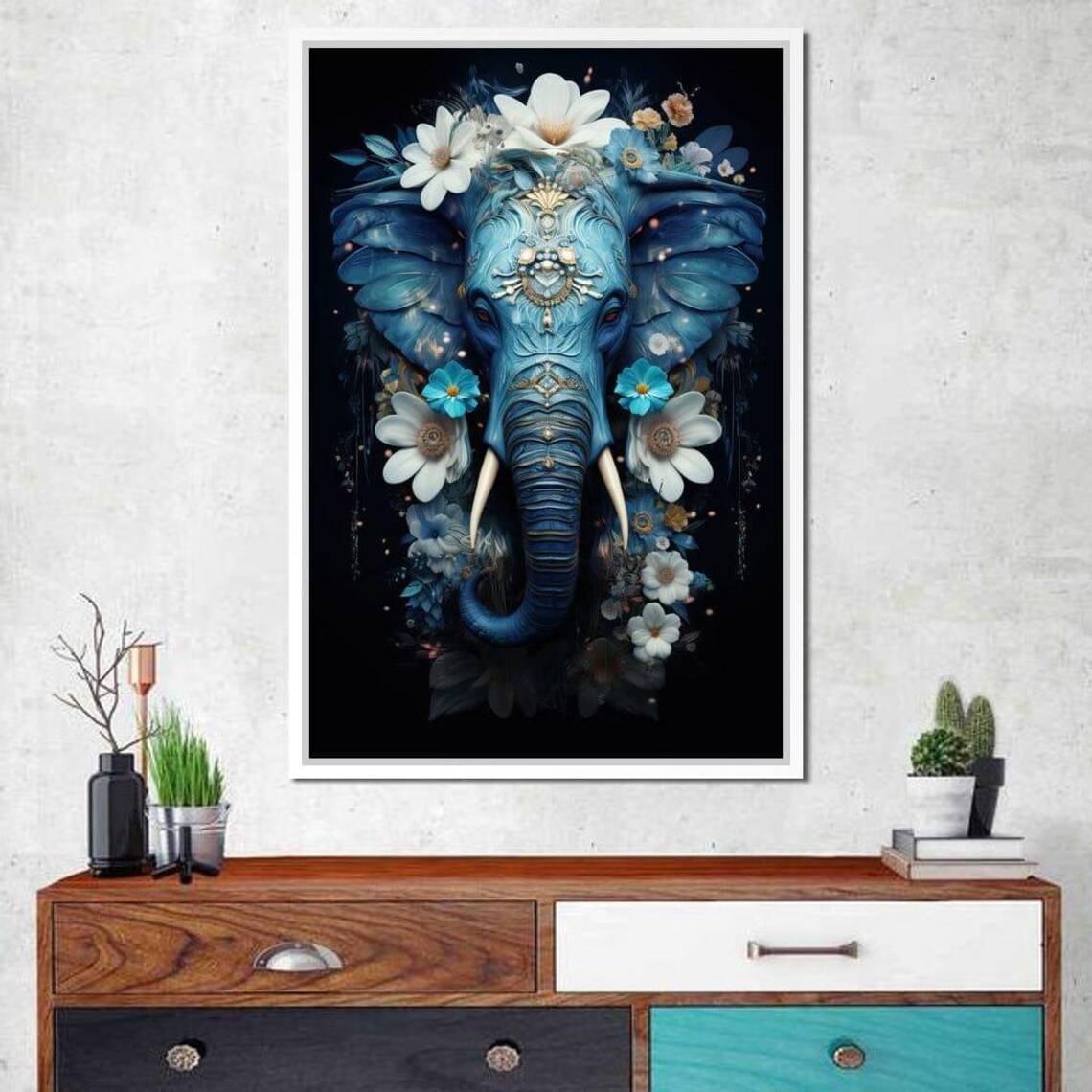 Blue Elephant Head Floral Boho Spiritual Mystical Colorful Animal Art Poster - Image 4