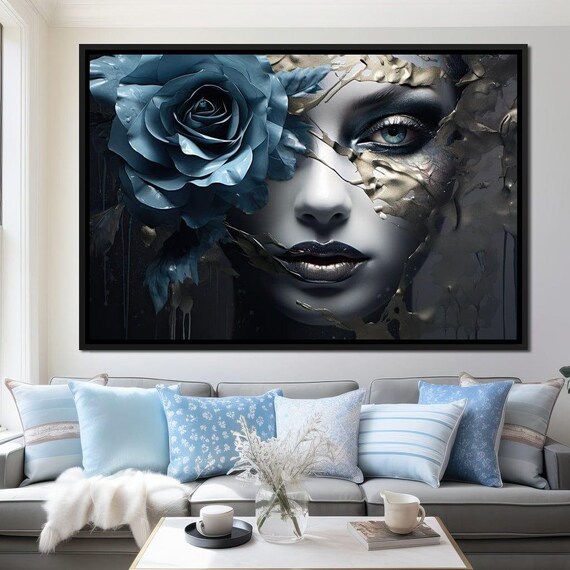 Metallic Blue Rose Gothic Woman Portrait Gold Cracked Art Print