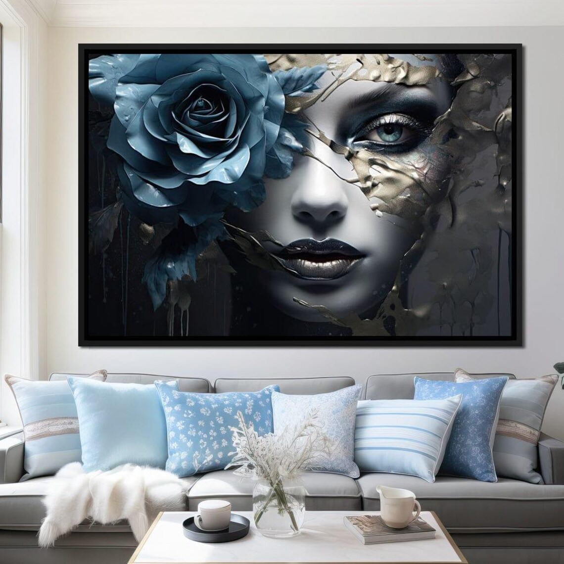Metallic Blue Rose Gothic Woman Portrait Gold Cracked Art Print