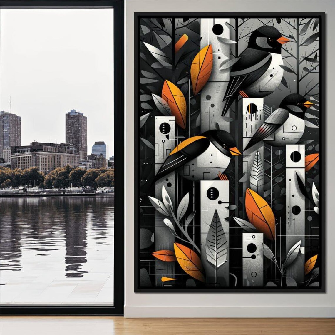 Monochrome Geometric Birds Orange Beaks Birch Forest Wall Art - Image 3