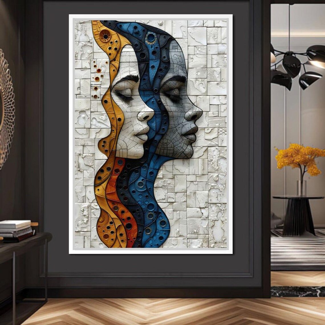 Mosaic Dual Faces Gold Amber Blue Tiled Portrait Modern Wall Art - Image 2