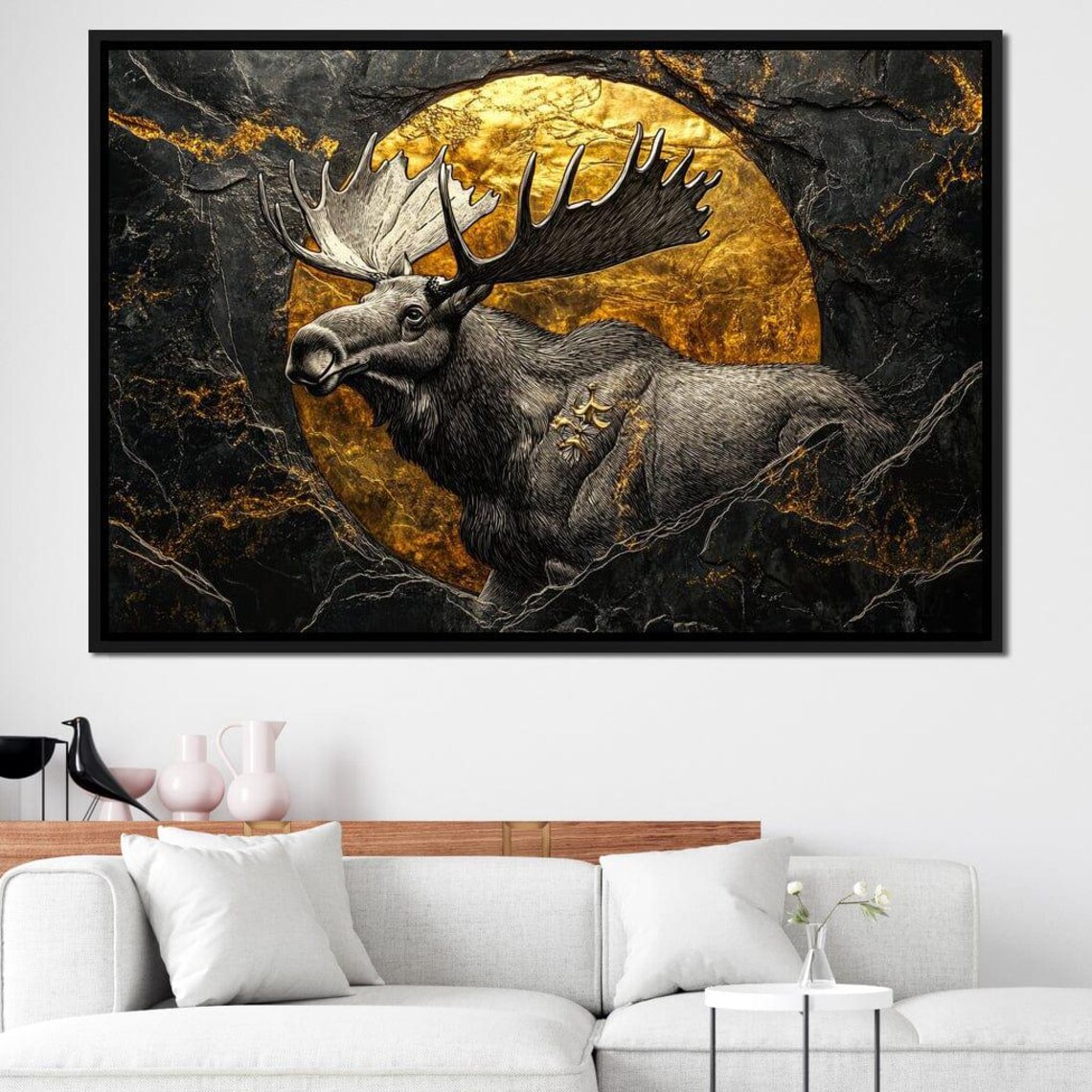 Majestic Moose Black Gold Marble Golden Moon Framed Wildlife Wall Art - Image 2