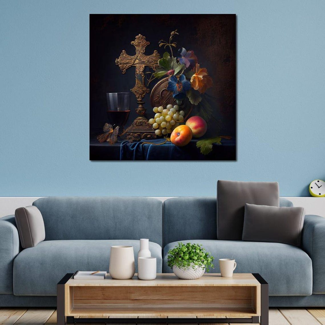 Baroque Gold Cross Still Life With Grapes Wine Dark Classic Art Poster - Image 2