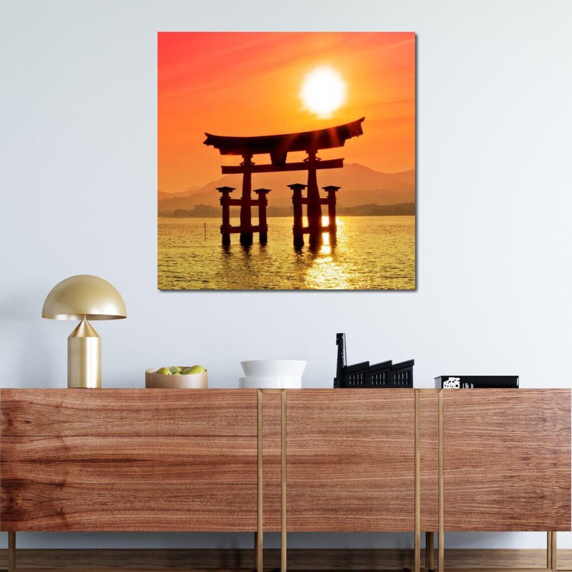 Japanese Torii Gate Silhouette Fiery Sunset Over Water Travel Poster - Image 4