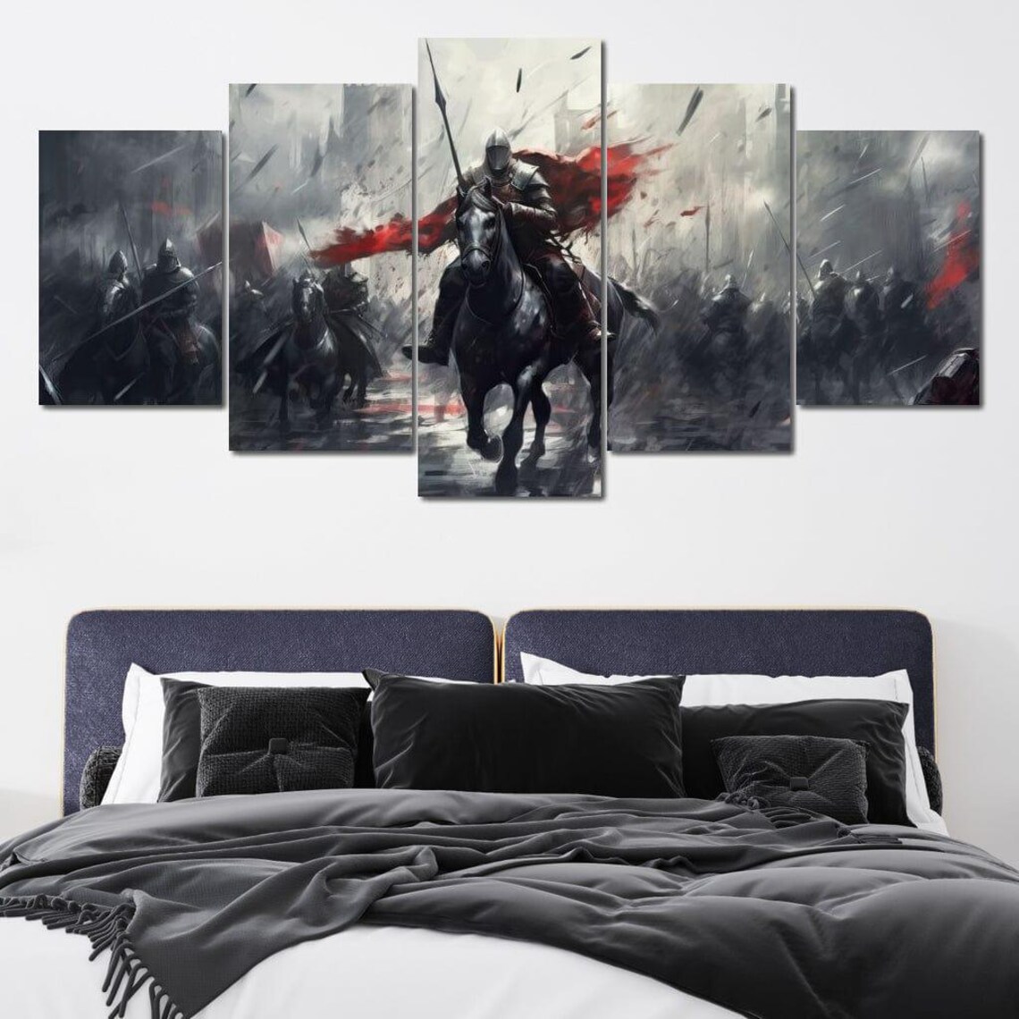 Majestic Warfare Monochrome Knight Horse Red Cape Battle Poster - Image 4