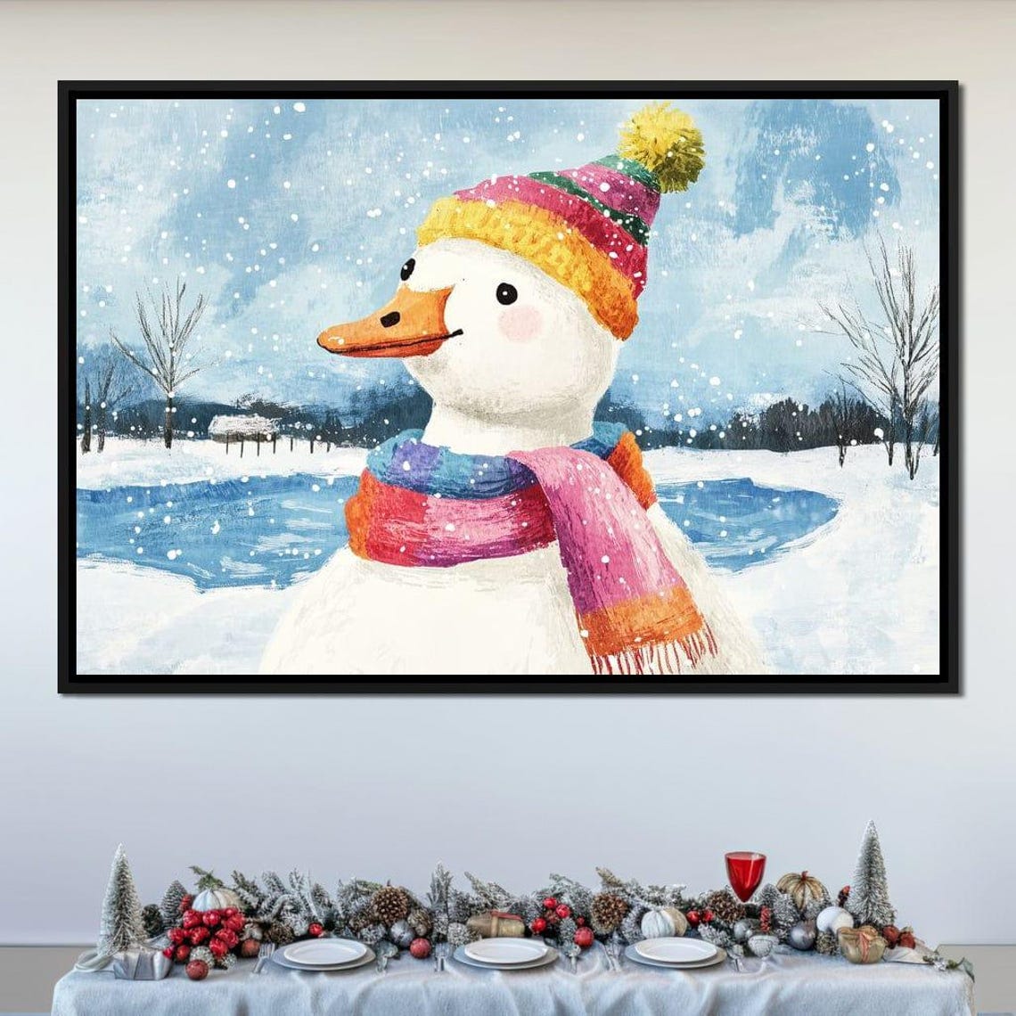 Cozy White Duck In Rainbow Knit Hat And Scarf In Snowy Winter Poster - Image 4