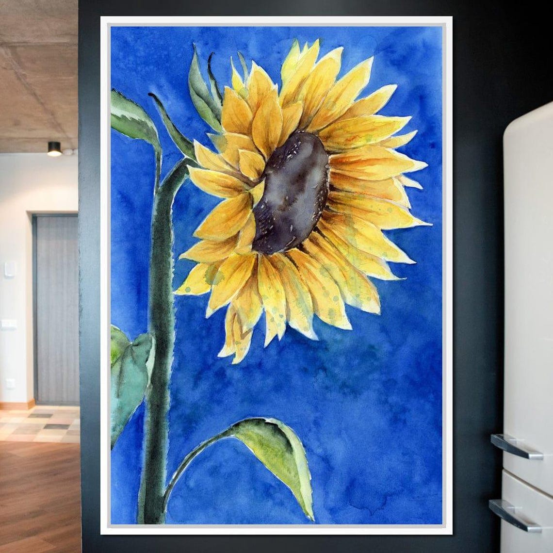 Sunflower Watercolor Cobalt Blue Background Botanical Art Poster - Image 3