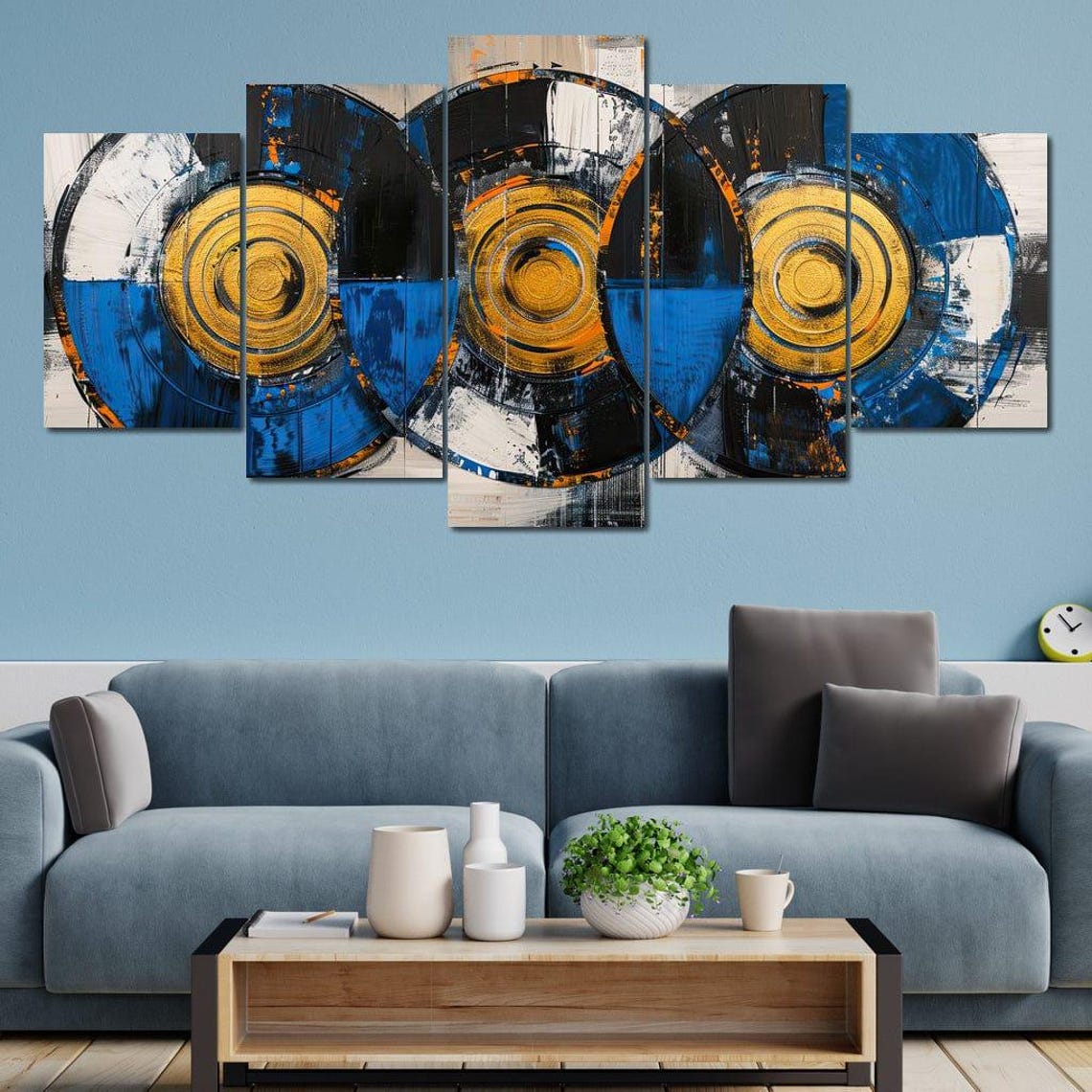 Blue Gold Circle Trio Abstract Art Overlapping Orbits Bold Wall Poster - Image 4