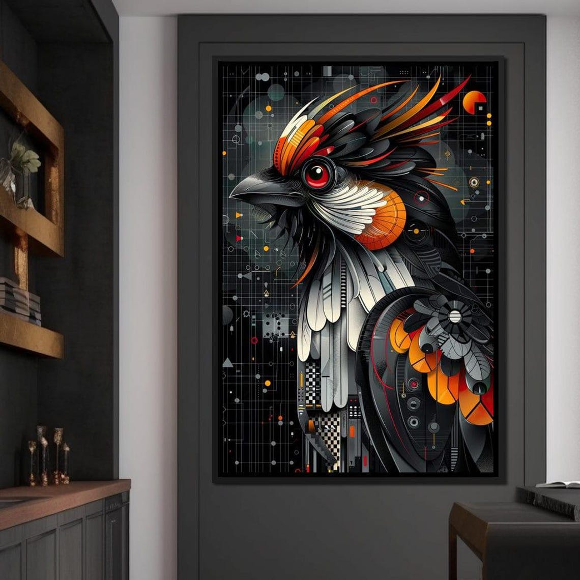 Futuristic Mechanical Raven Orange Black Geometric Steampunk Wall Art - Image 4
