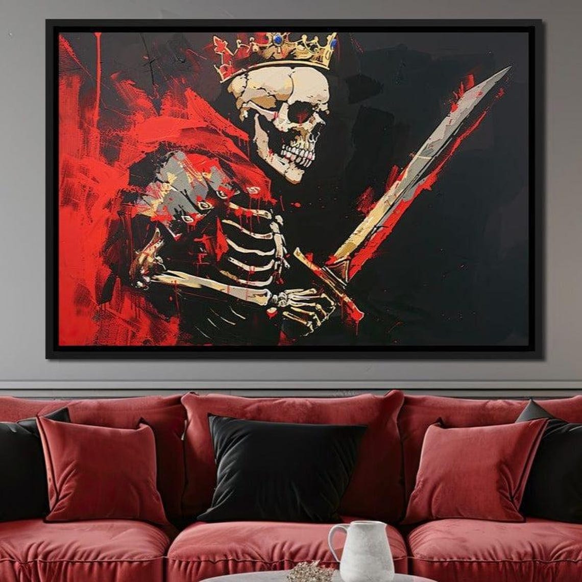 Crowned Skeleton Knight Sword Red Black Gothic Dark Fantasy Print