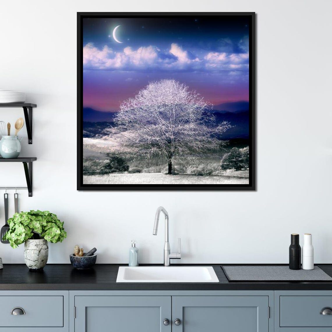 Snowy White Tree under Crescent Moon Purple Night Winter Scene Poster