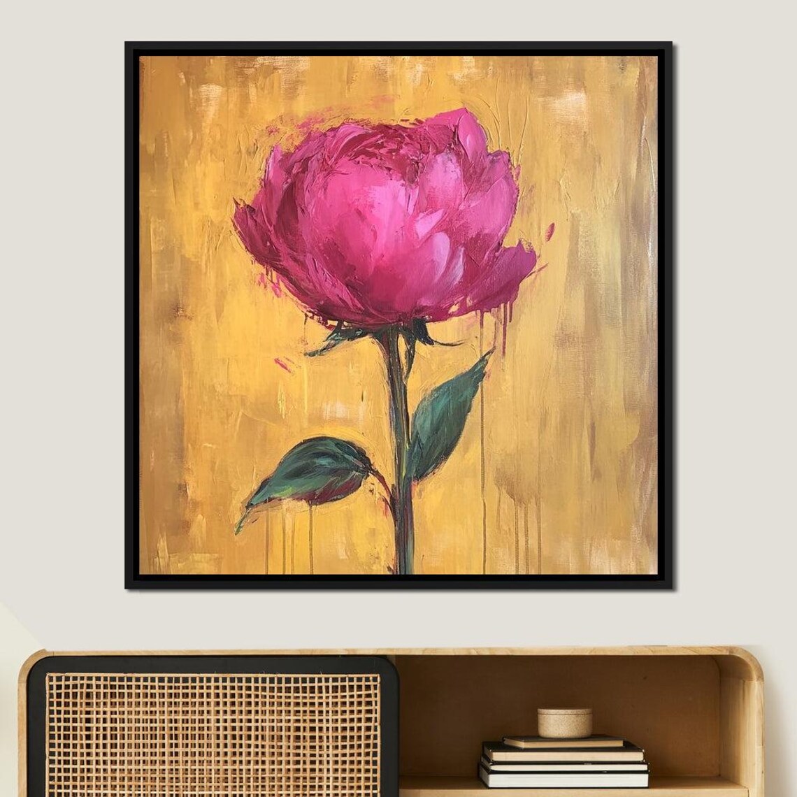 Magenta Pink Rose Golden Yellow Background Impasto Floral Art Print