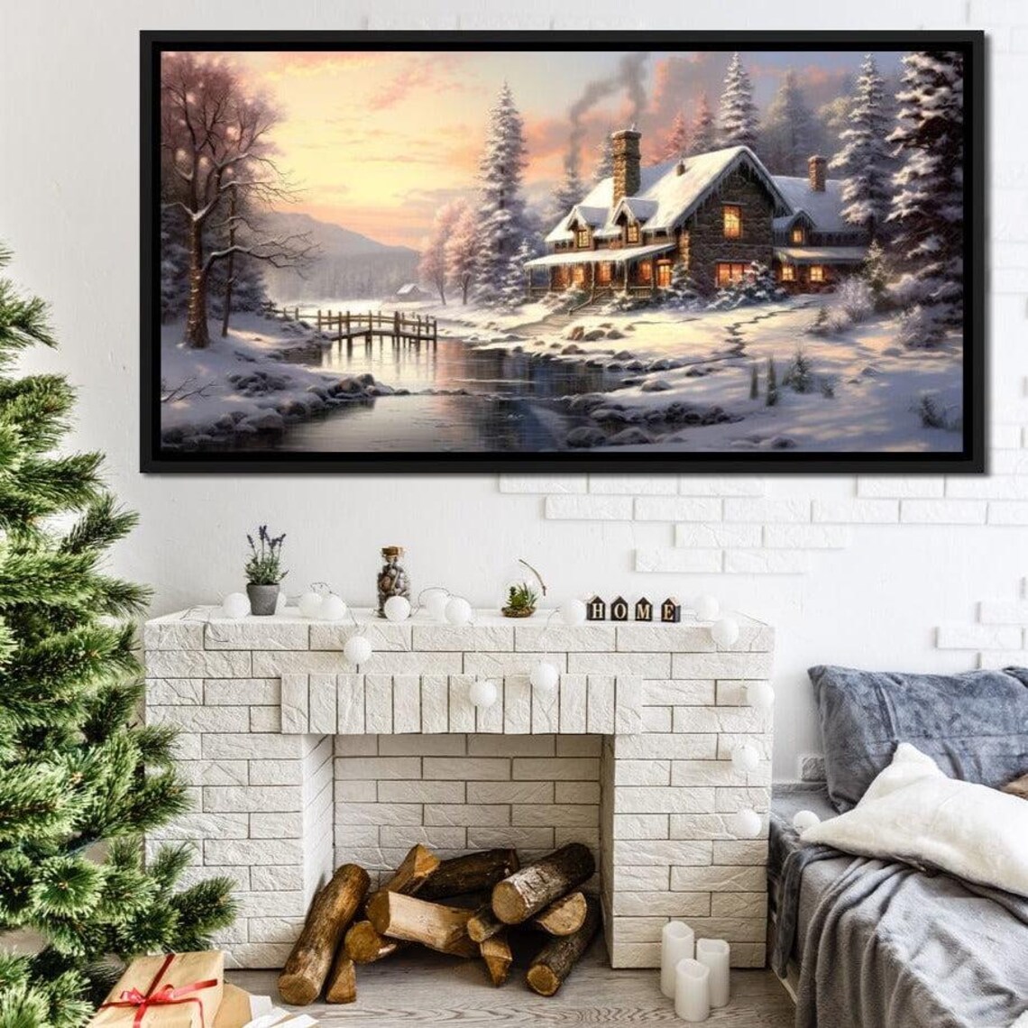 Christmas Cottage Home Cozy Snowy Cabin Sunset Holiday Poster