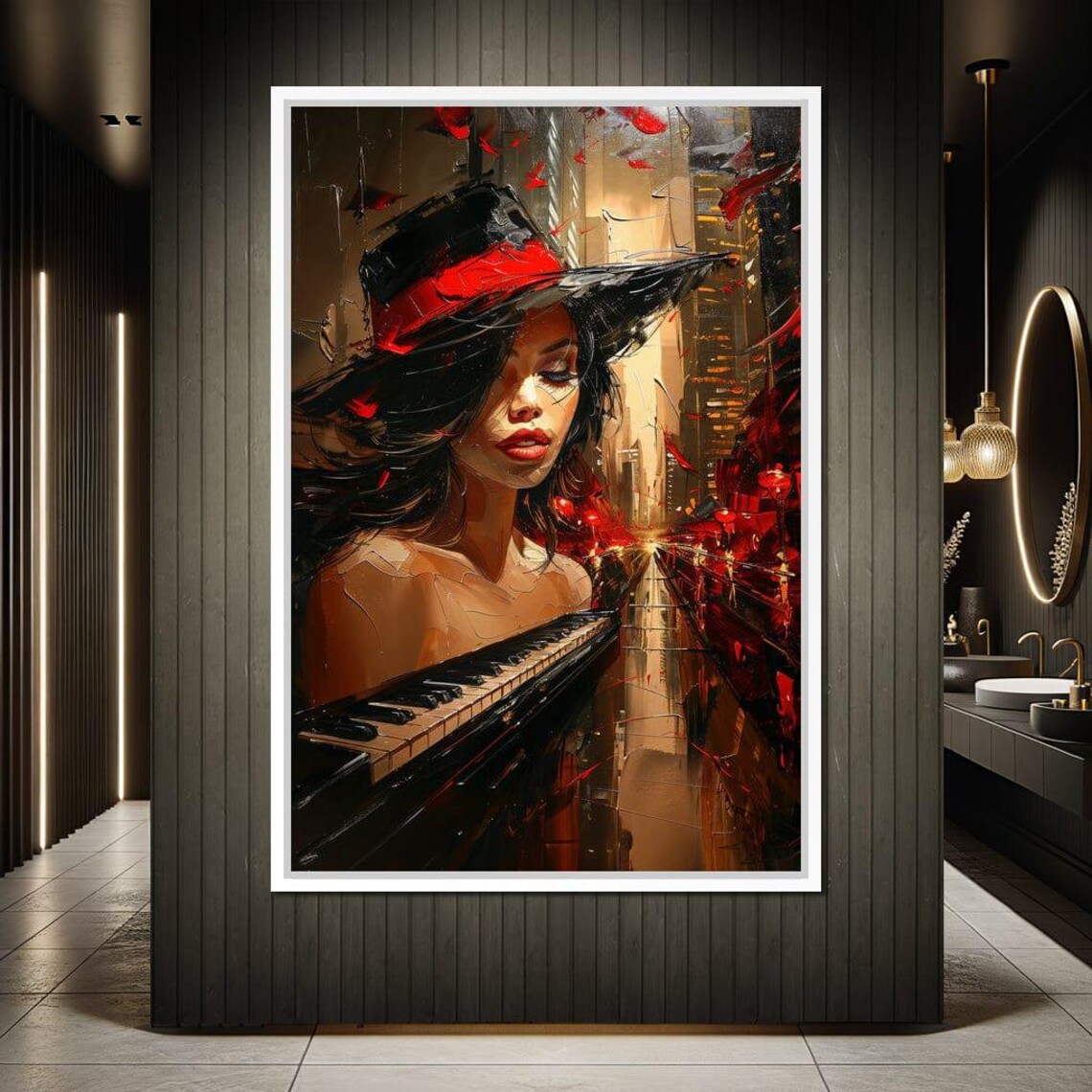Autumn Rhapsody Woman In Red Hat Piano Keys Night Cityscape Poster - Image 4