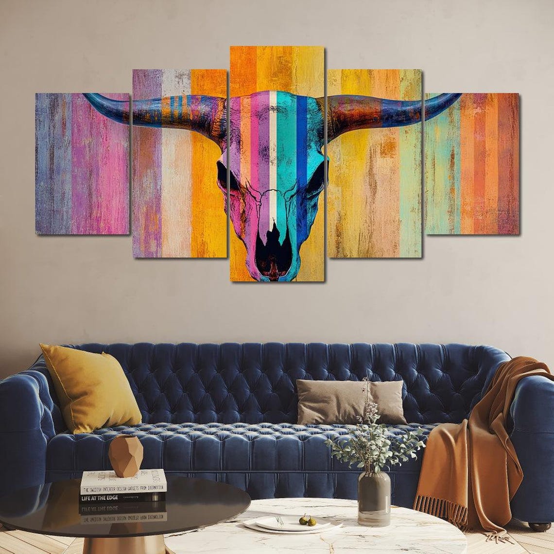 Colorful Longhorn Skull Striped Desert Western Rustic Art Print - Image 3