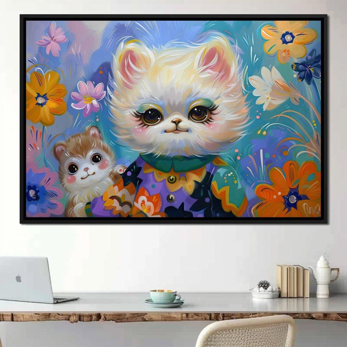 Whimsical Fluffy Cat Kitten Floral Art Print Kids Room Nursery Decor