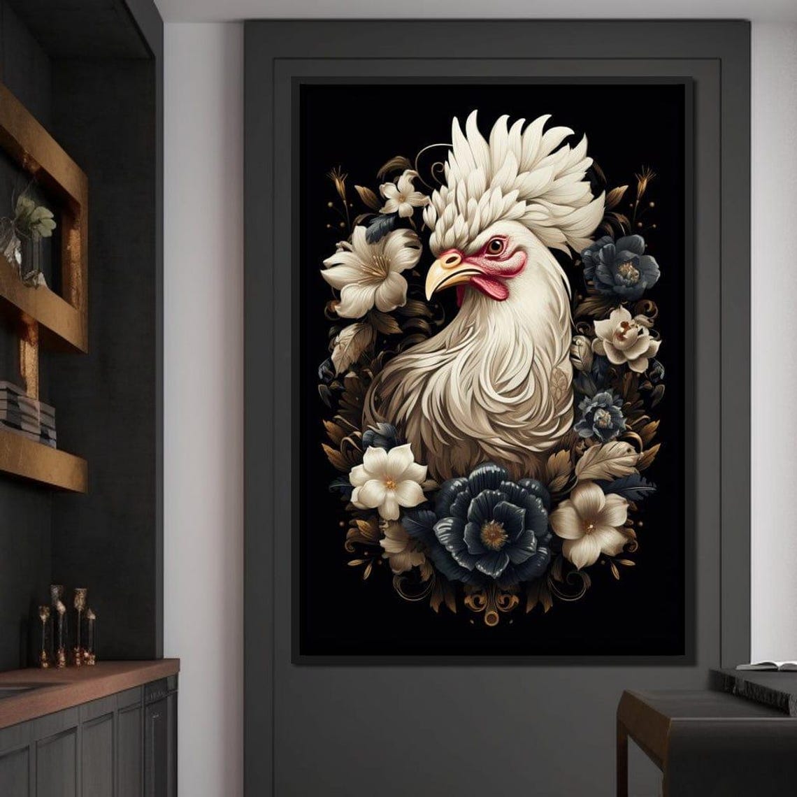 White Rooster Portrait With Dark Floral Bouquet Black Gold Poster