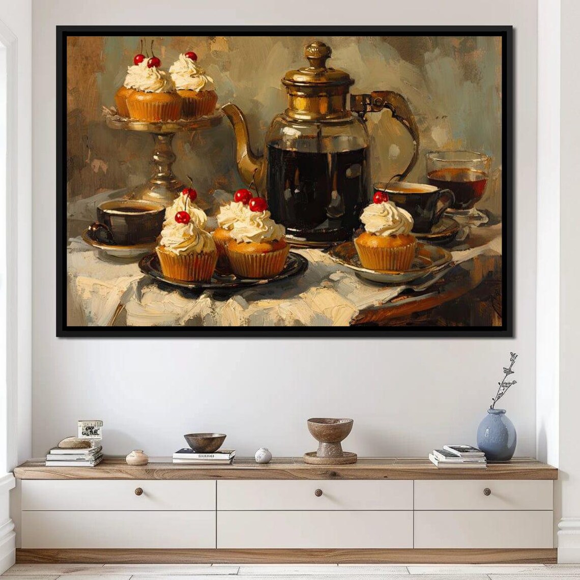 Coffee Cherry Cupcakes Still Life Painting Vintage Kitchen Wall Art - Image 4