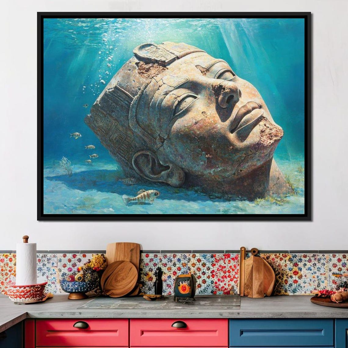 Giant Stone Pharaoh Head Resting Underwater Among Fish Ocean Art Print