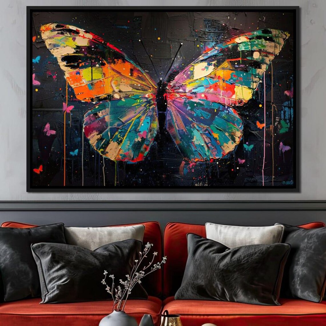 Colorful Mosaic Butterfly Abstract Paint Splatter Wings Dark Wall Art - Image 4