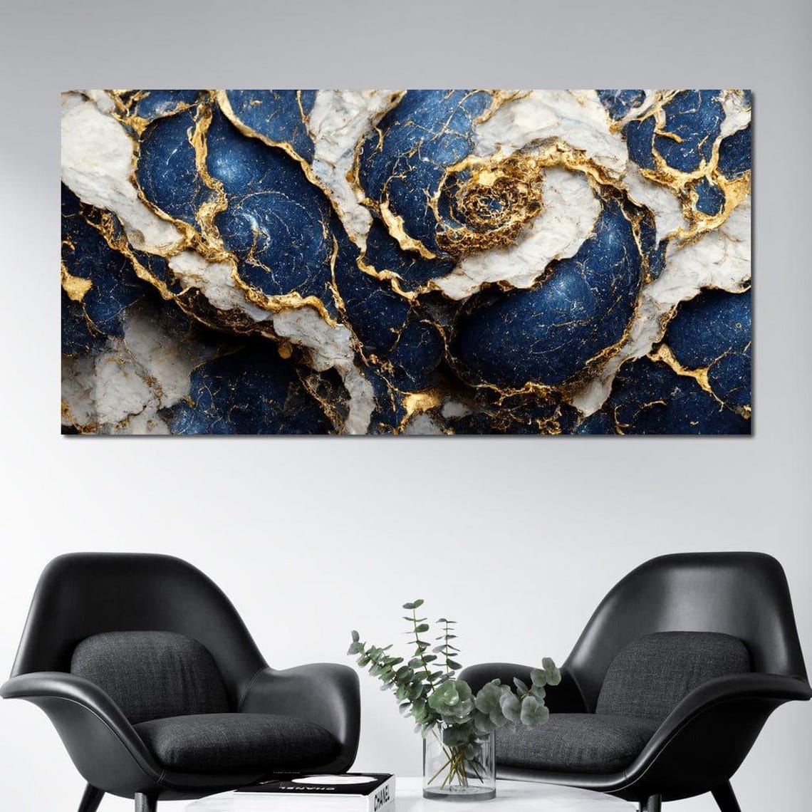 Navy Blue White Gold Marble Five Panel Luxury Abstract Wall Art - Image 2
