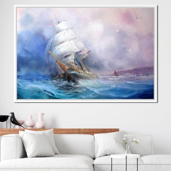 Trading Ship Nautical Decor Ocean Scene Oil Painting Coastal Home Art Blue And Purple Sailship Artwork By Nichecanvas