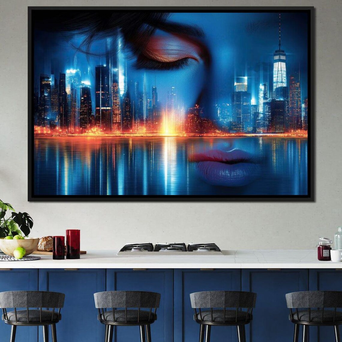 City Night Skyline Reflected In Blue Woman Face Dreamy Art Poster - Image 4