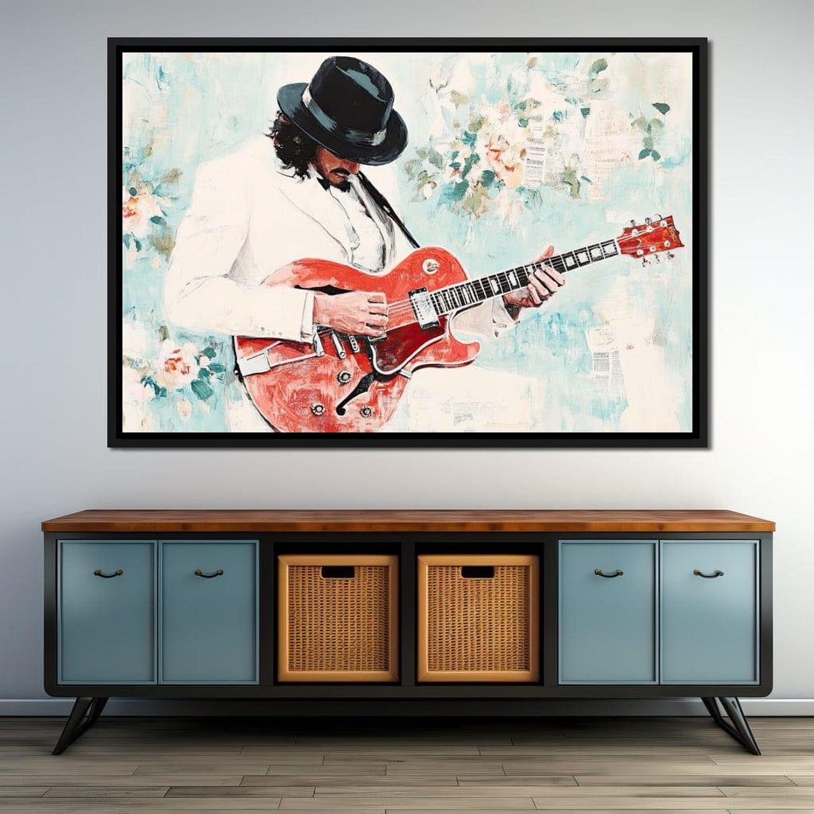 Guitarist In White Suit Playing Red Guitar Floral Art Poster - Image 4