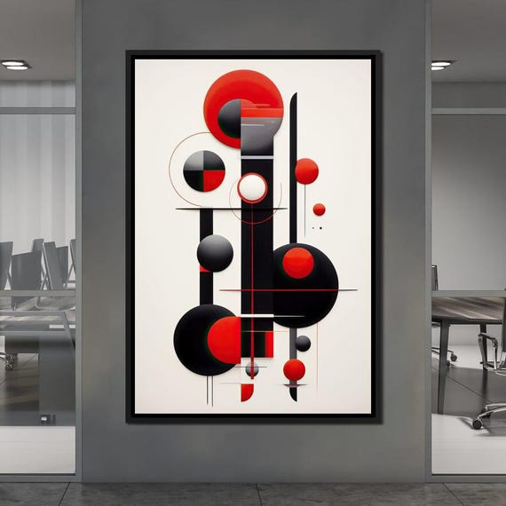 Architectural Symphony In Red And Charcoal Modern Decor Abstract Geometric Design Minimalist Art Print By Nichecanvas