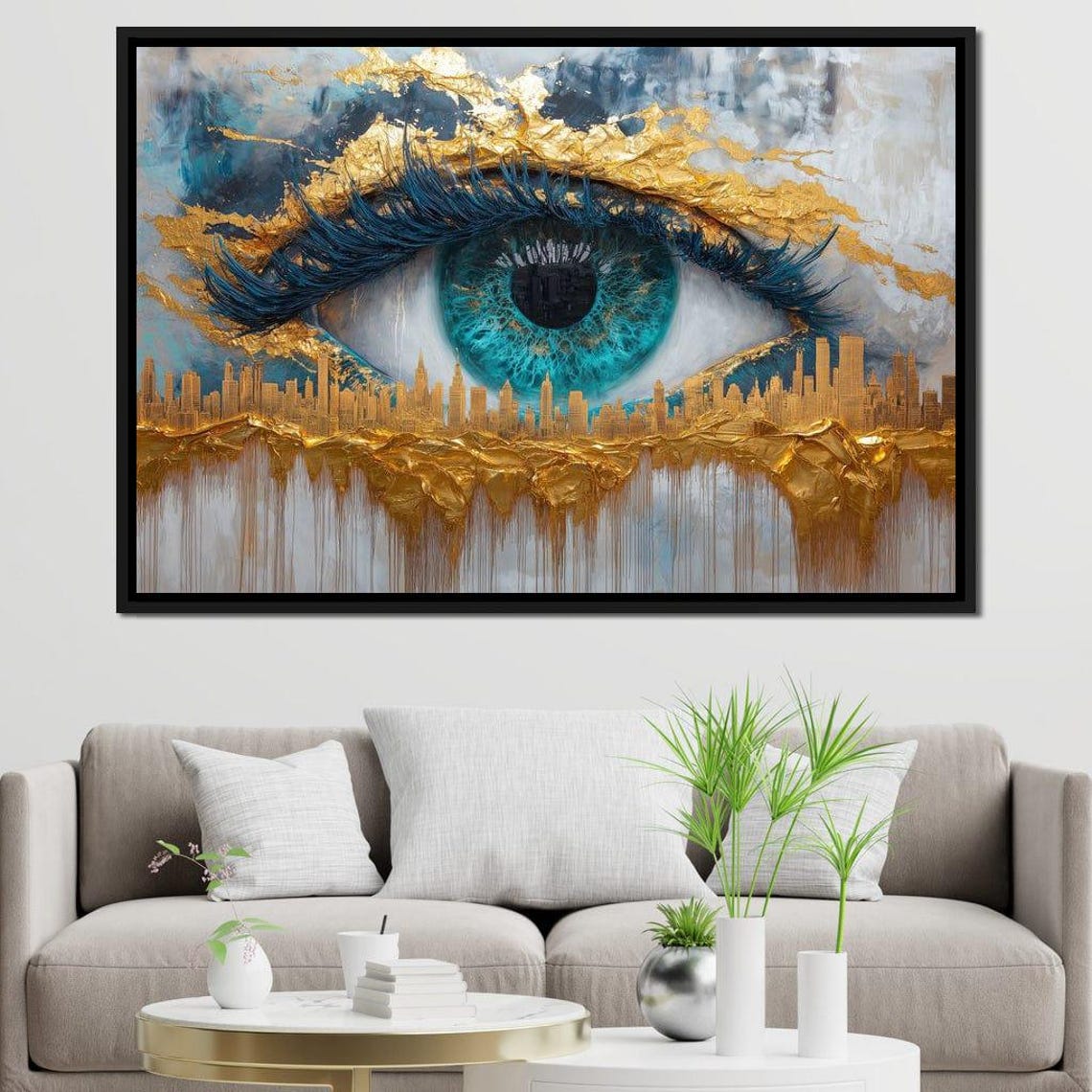 Blue Eye Cityscape Five Panel Gold Leaf Modern Urban Canvas Poster - Image 2