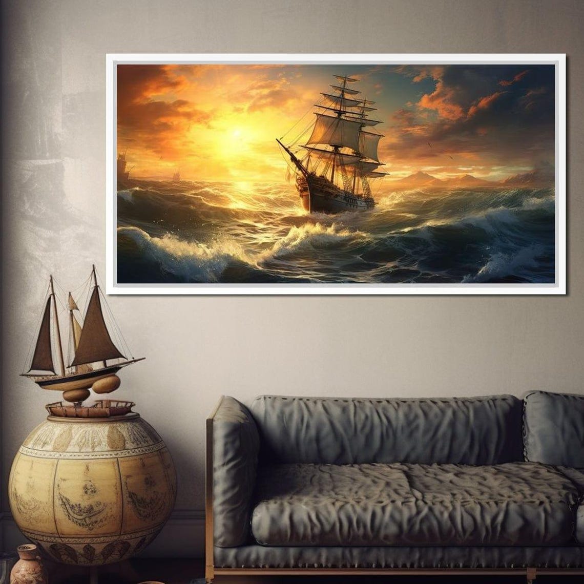 Tall Sailing Ship Sunset Ocean Waves 5 Panel Canvas Nautical Art Print - Image 2