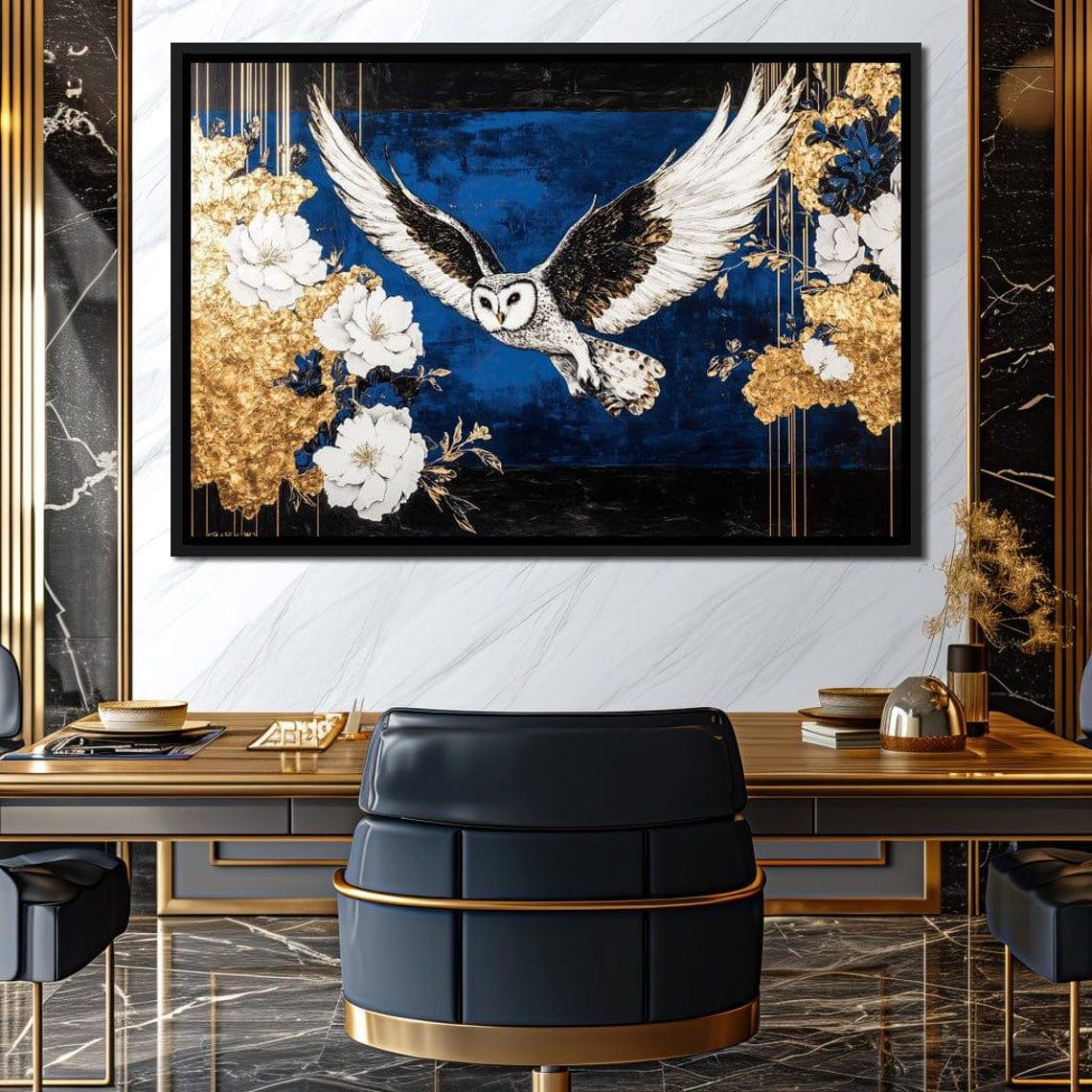 White Barn Owl In Flight Deep Blue Gold Floral Wildlife Art Poster - Image 3
