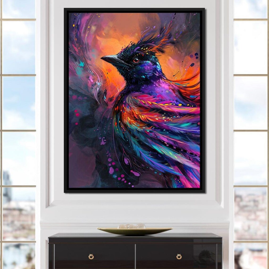 Vibrant Raven Feather Swirl Abstract Purple Orange Bird Art Poster