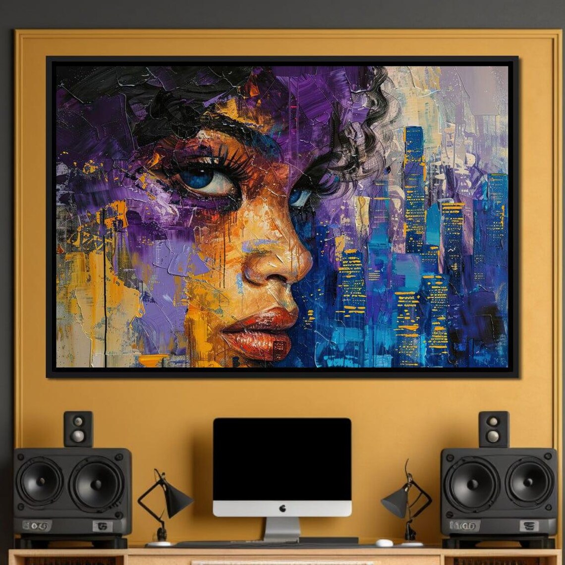 Purple City Night Skyline Woman Abstract Portrait Wall Art Poster