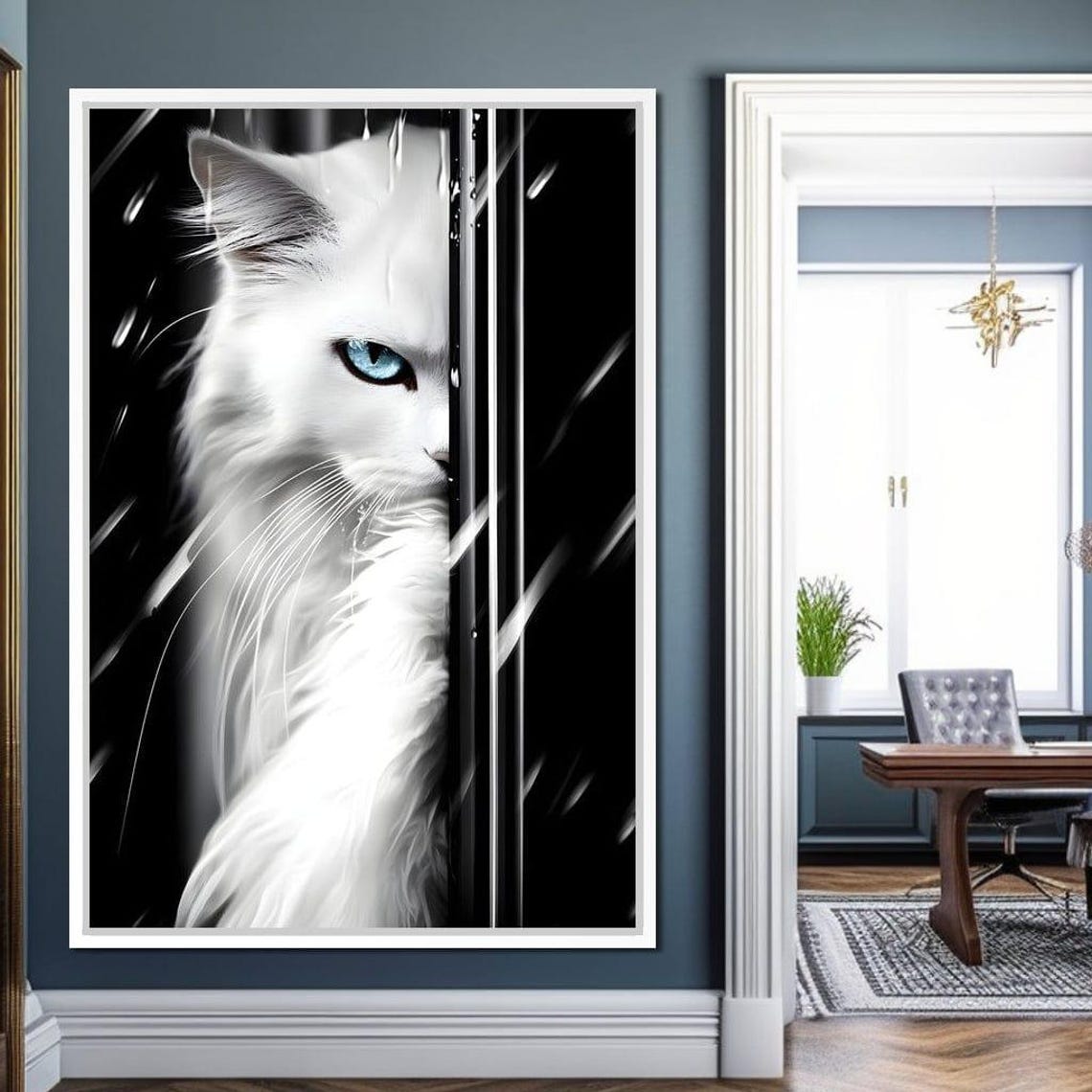 White Cat Blue Eyes Rain Glass Monochrome Framed Dramatic Wall Art