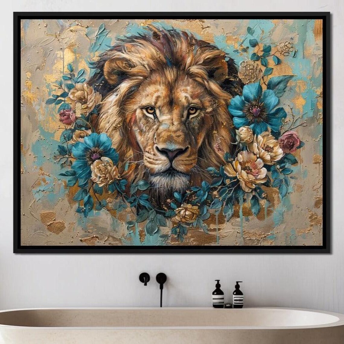 Majestic Lion Floral Wreath Portrait Teal Gold Botanical Regal Wildlife Wall Poster - Image 3