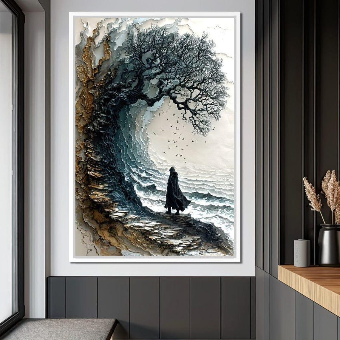 Lone Hooded Figure By Sea Surreal Mystical Wave Ocean Wall Art - Image 2