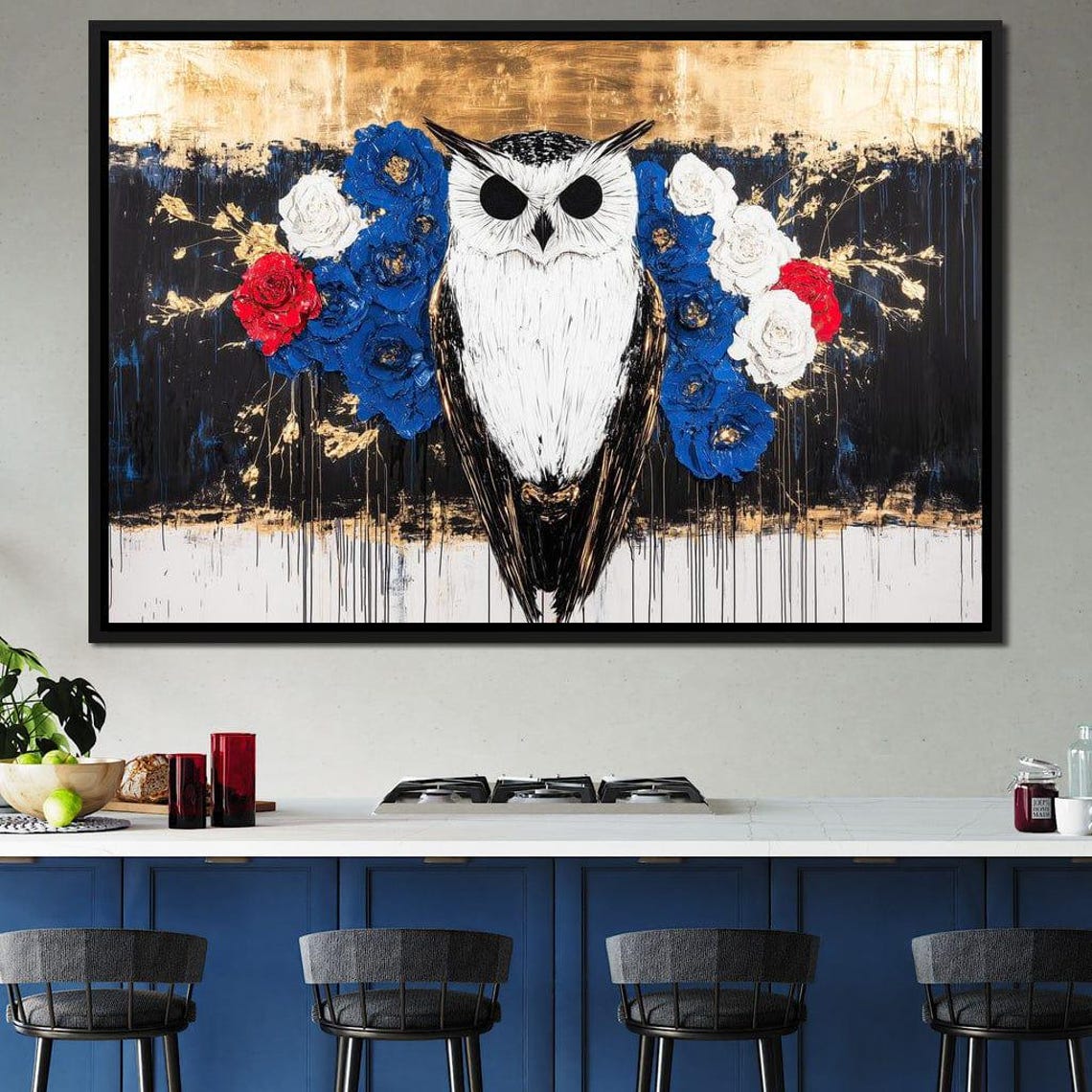 White Owl With Floral Wings Halo Black Gold Dramatic Art Poster