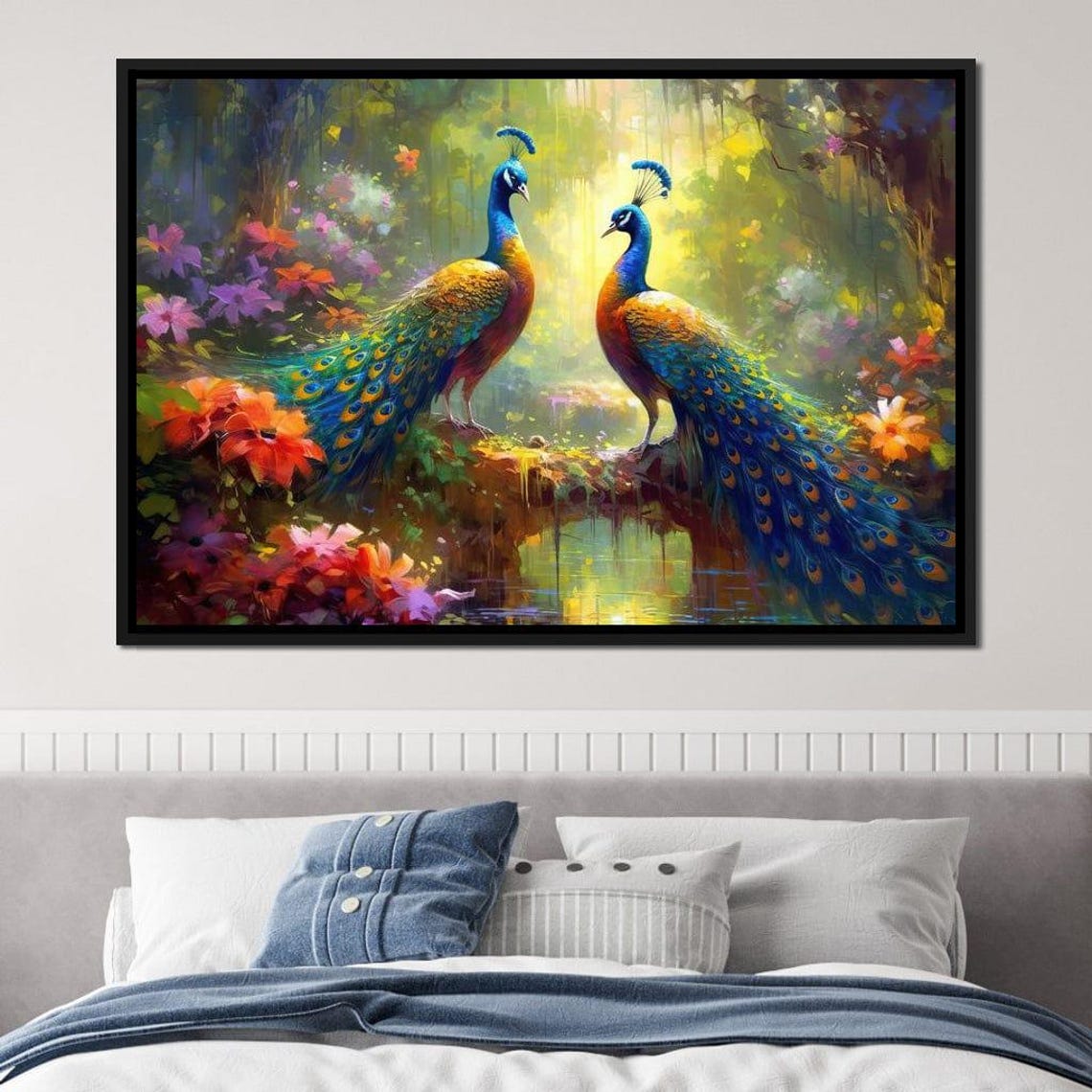 Two Peacocks Lush Tropical Flowers Vibrant Forest Pair Painting Print - Image 2
